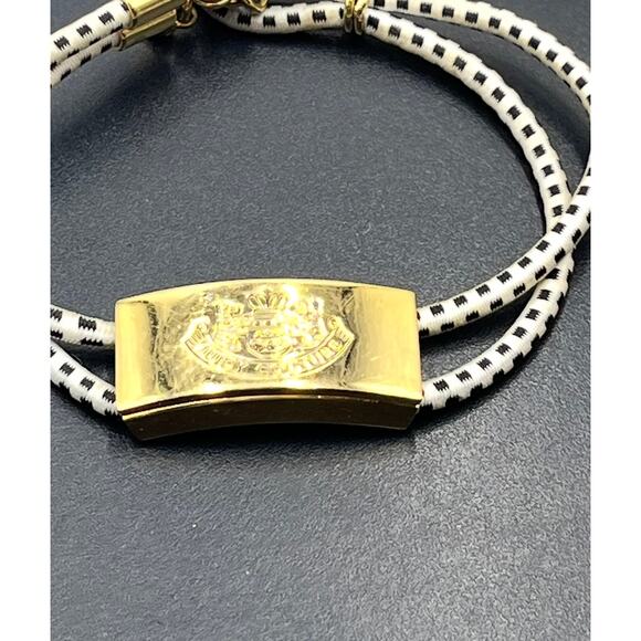 Juicy Couture Cord Elastic Stretch Bracelet Black & White Gold Tone Identity Tag - Picture 5 of 6